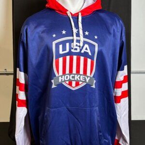 USA Hockey Hoodie - Blue with Red Hood and Medal Back Design